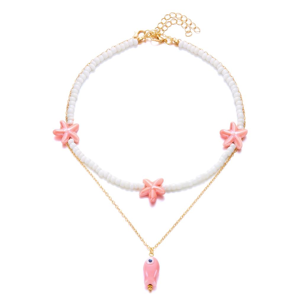 Bohemian Ceramic Small Fish Starfish Chain Necklace for Women Handmade Beaded Double Layer Necklace Friendship Jewelry GIfts