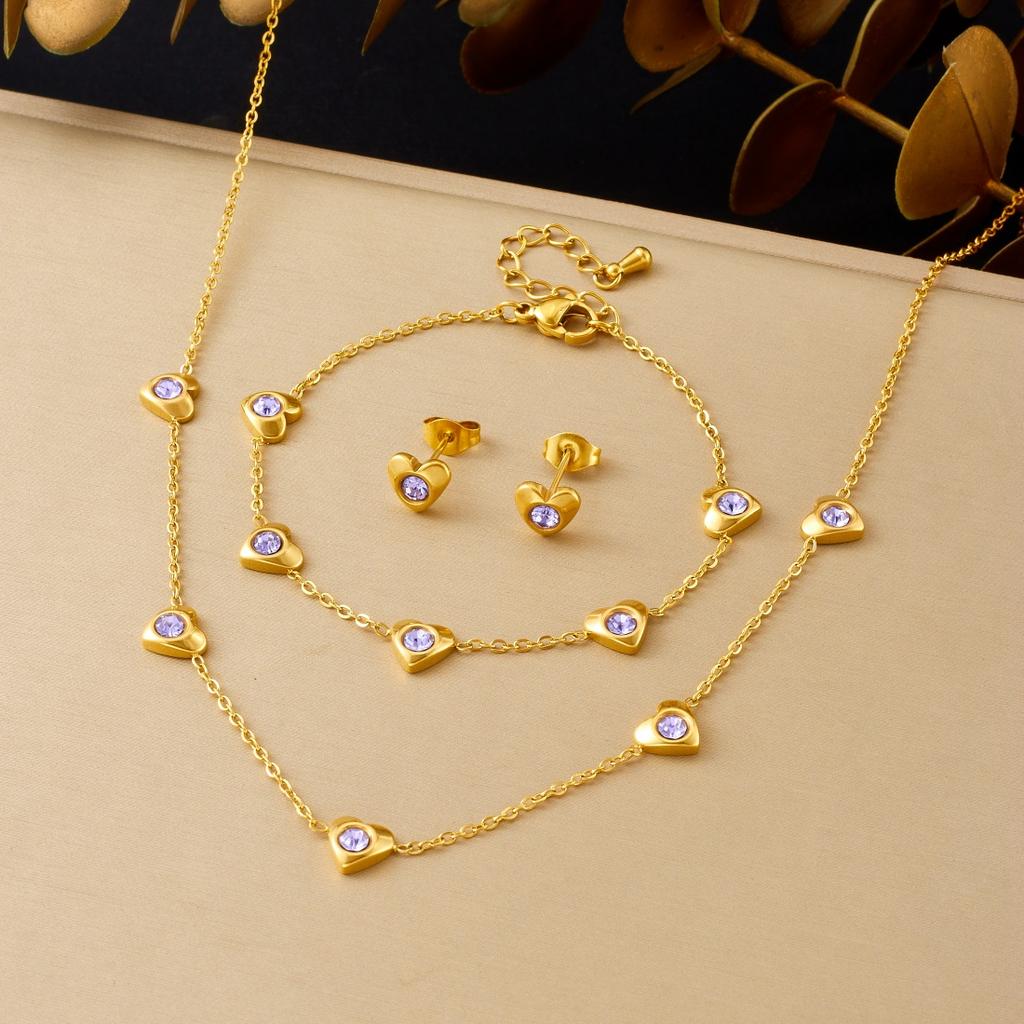 DIEYURO 316L Stainless Steel Golden Heart Inlay Round Purple Zircon Necklace Earrings Bracelet Set Lady Trend Luxury Jewelry