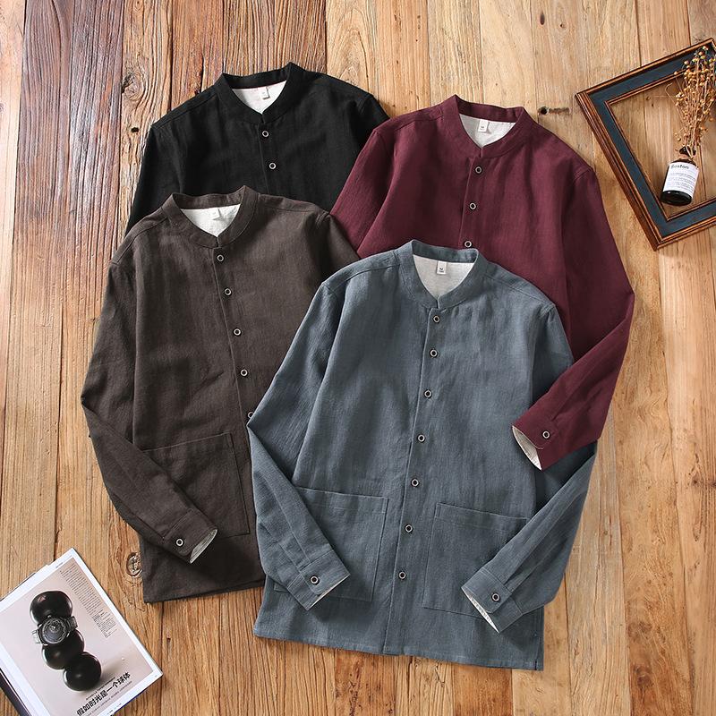 Spring and Summer Men Jackets Chinese Style Cotton Linen Thin Coat Big Pocket Button Stand Collar Jacket Traditional Men Clothing