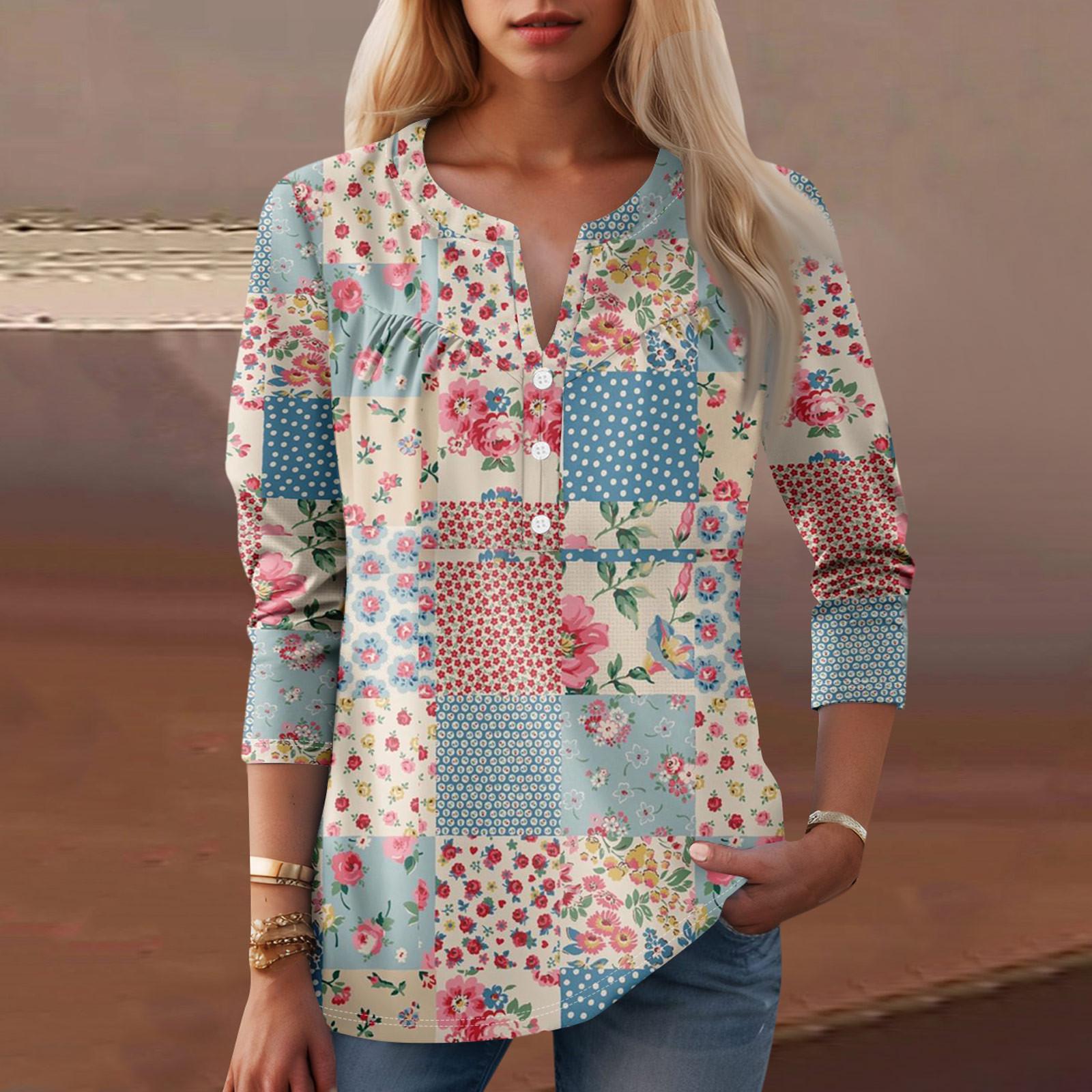 Women s Fashion Casual Three-quarters Sleeve V Neck Floral Print Top S