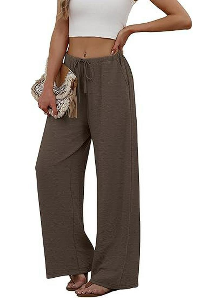 European & American Women's Casual Solid Wide-Leg Beach Pants with Elastic Waist & Pockets