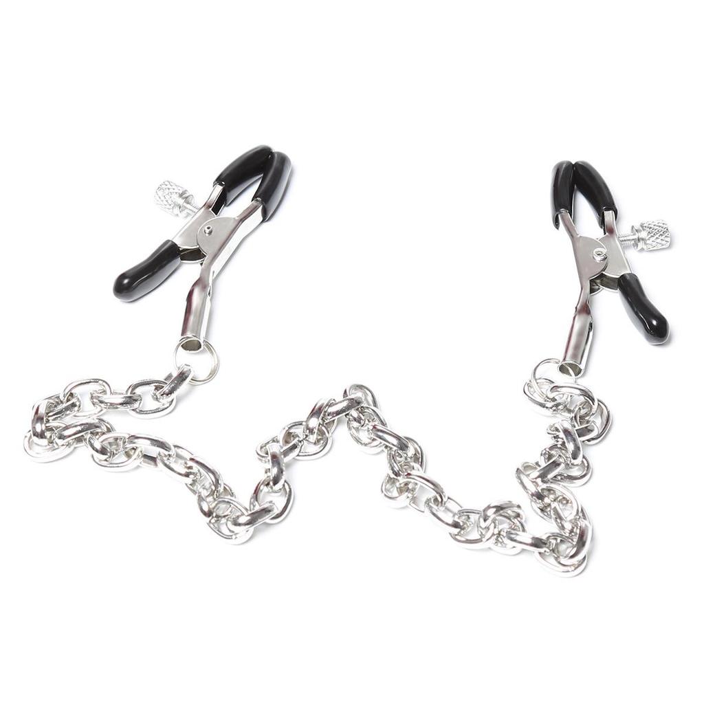 Erotic Nipple Clamps with Iron Chain and Leather Clips for Adult Pleasure
