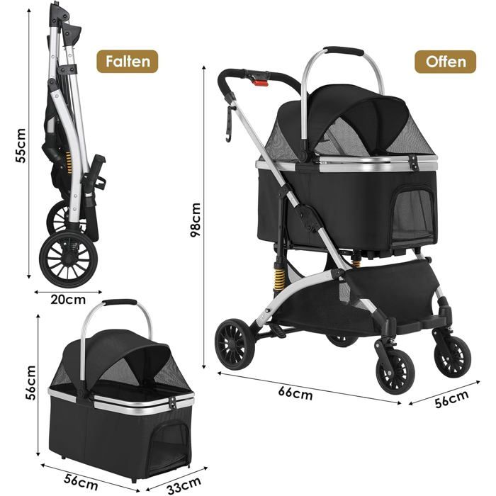 Foldable 3-in-1 Dog Cat Stroller, Pet Stroller with 360° Wheels, Storage Basket, Mesh Window, Cup Holder