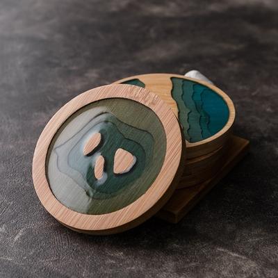 New Bamboo Material Art Coaster Ocean Wave Design Round Shape Table Mat Heat Insulation Handmade Cup Holder Kitchen Use