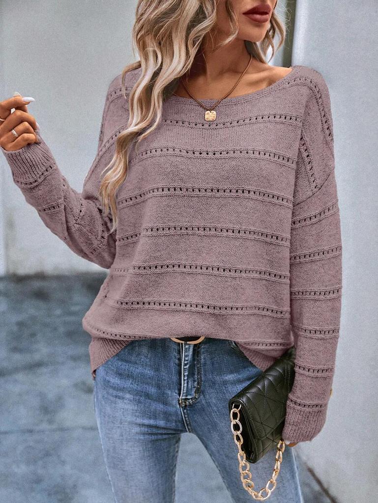 2026 Autumn/Winter Women's European Style Loose Knit Hollow Sweater - Round Neck, Long Sleeve, Casual Pullover