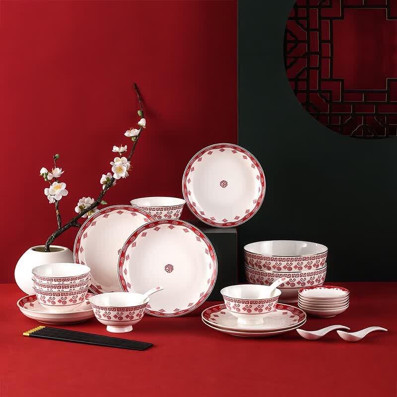 JINGREPUBLIC Golden Luck 32-piece Ceramic Dinnerware Set