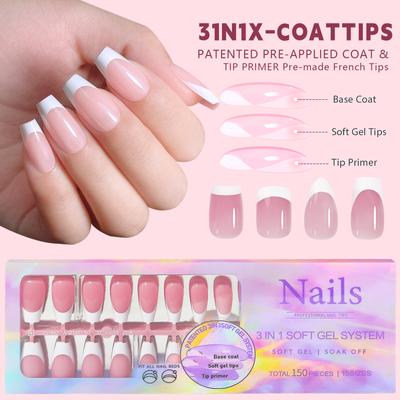 150Pcs 3in1 Pre-Coated French Fake Nails Wearable Press On Nail Designs Art Long Coffin Tips False Nail Tips Full Cover