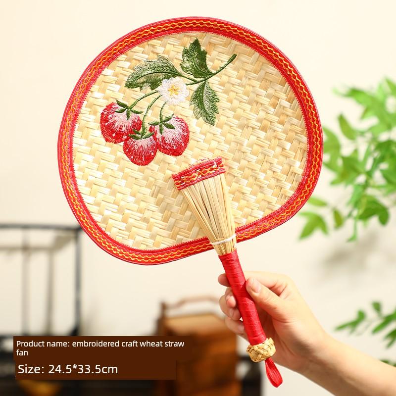 New Creative Embroidered Straw Fan, Hand-Woven, Portable and Durable, Suitable for Summer Cooling for Babies, Old-Fashioned Hand-Cranked Fan