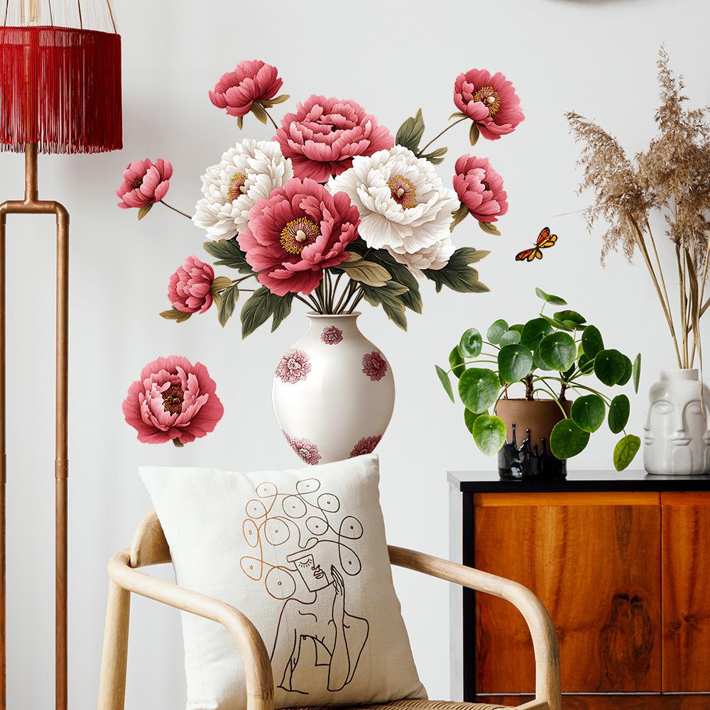 Self Adhesive Vase Peony Flower Wall Stickers Decals Peel and Stick Removable Waterproof for Living Room Bedroom Home Decor