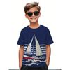 Boys' Round Neck T-shirt, Nautical Sailing Digital Print Casual T-shirt, Fashionable and Handsome Short Sleeves