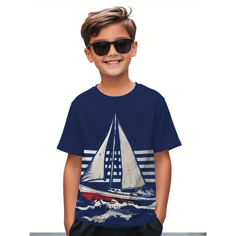 Boys  round neck T-shirt, nautical sailing digital print casual T-shirt, fashionable and handsome short sleeves 100