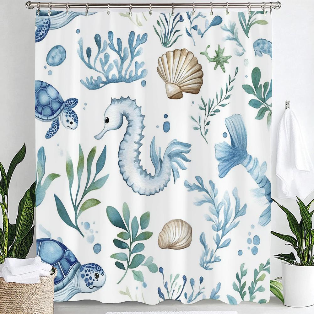 1pc Sea Turtle Print Waterproof Shower Curtain,Beach Coastal Ocean Turtle Starfish Partition Privacy Hanging Curtain with Hooks