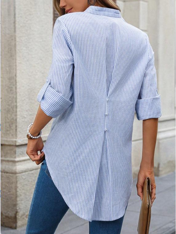 In Stock 2025 V-neck Casual Striped Long-Sleeved Shirt for Spring and Autumn in Europe and America Style