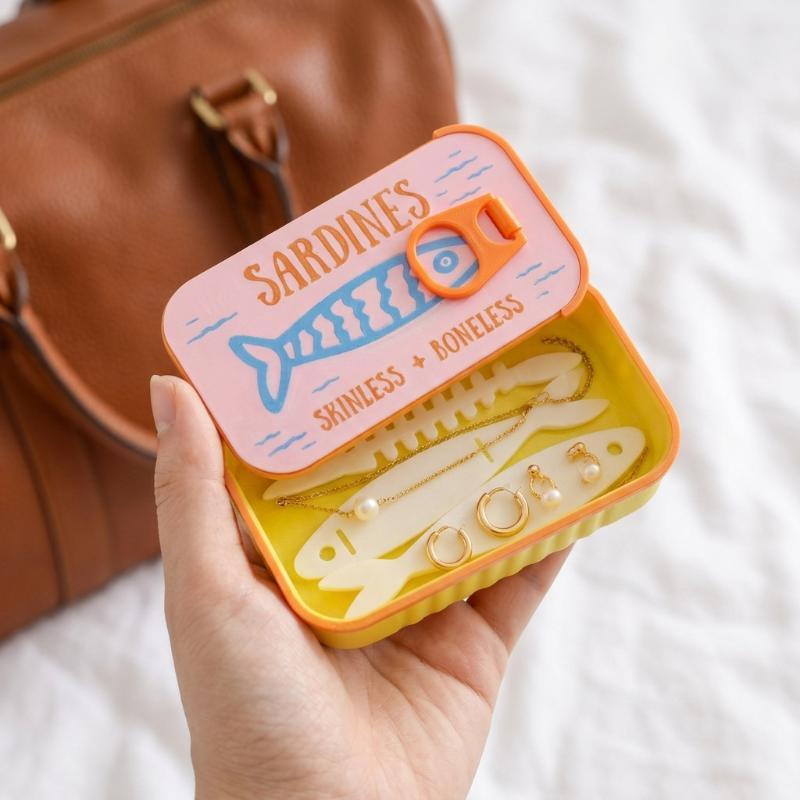 Sardine Tin Jewelry Box 3D Printed Easy Open Durable Small Jewelry Organizer for Rings Earrings Perfect for Dresser Decor