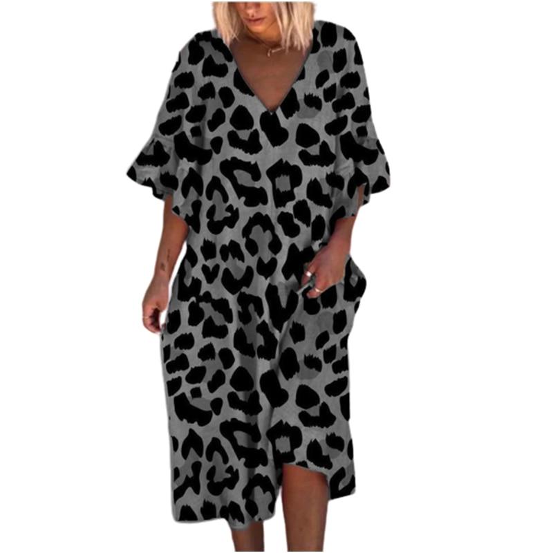 Plus Size Leopard Mid Long Dresses Half Sleeve Women Summer Casual Beach Party Dress Loose Vintage Holiday