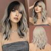 Professional  Synthetic Body Wavy Light Blue Hair Wig with Bangs for Women Daily Party High Density Middle Length Highlight Purple Wigs