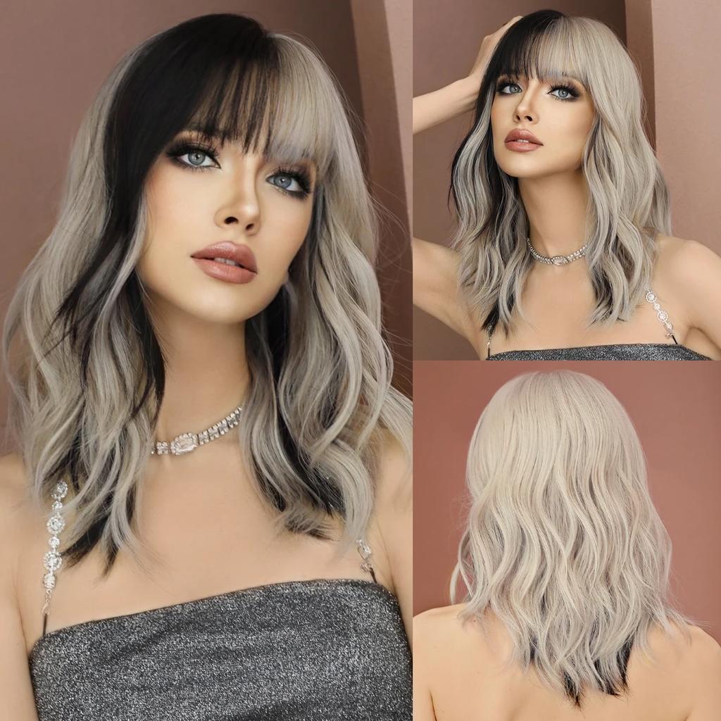 Professional  Synthetic Body Wavy Light Blue Hair Wig with Bangs for Women Daily Party High Density Middle Length Highlight Purple Wigs