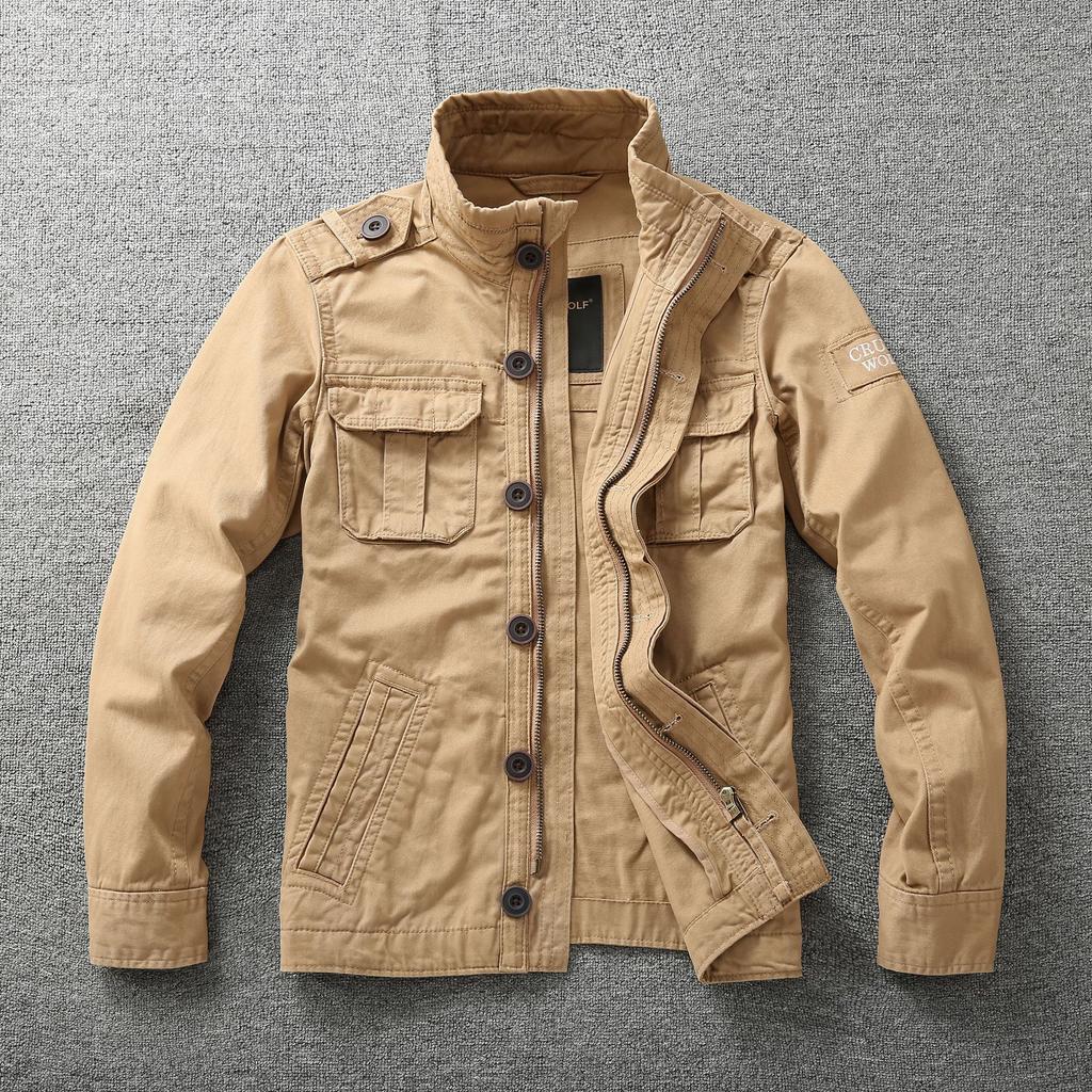 Autumn Men's Cargo Jackets Multi-Pockets Heavyweight Cotton Outdoor Stand Collar Casual Workwear Jackets Man