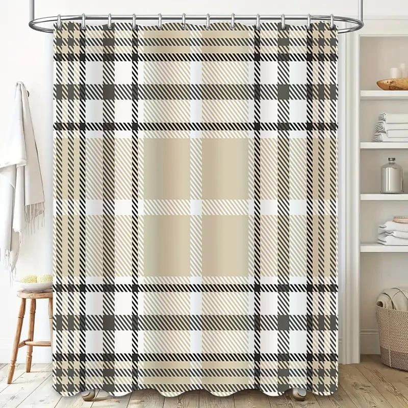Bath Shower Curtain Checkered Plaid Black White Home Decor Waterproof Rectangular Tub Rug Set Bathroom Fabric Shower Curtains Wi