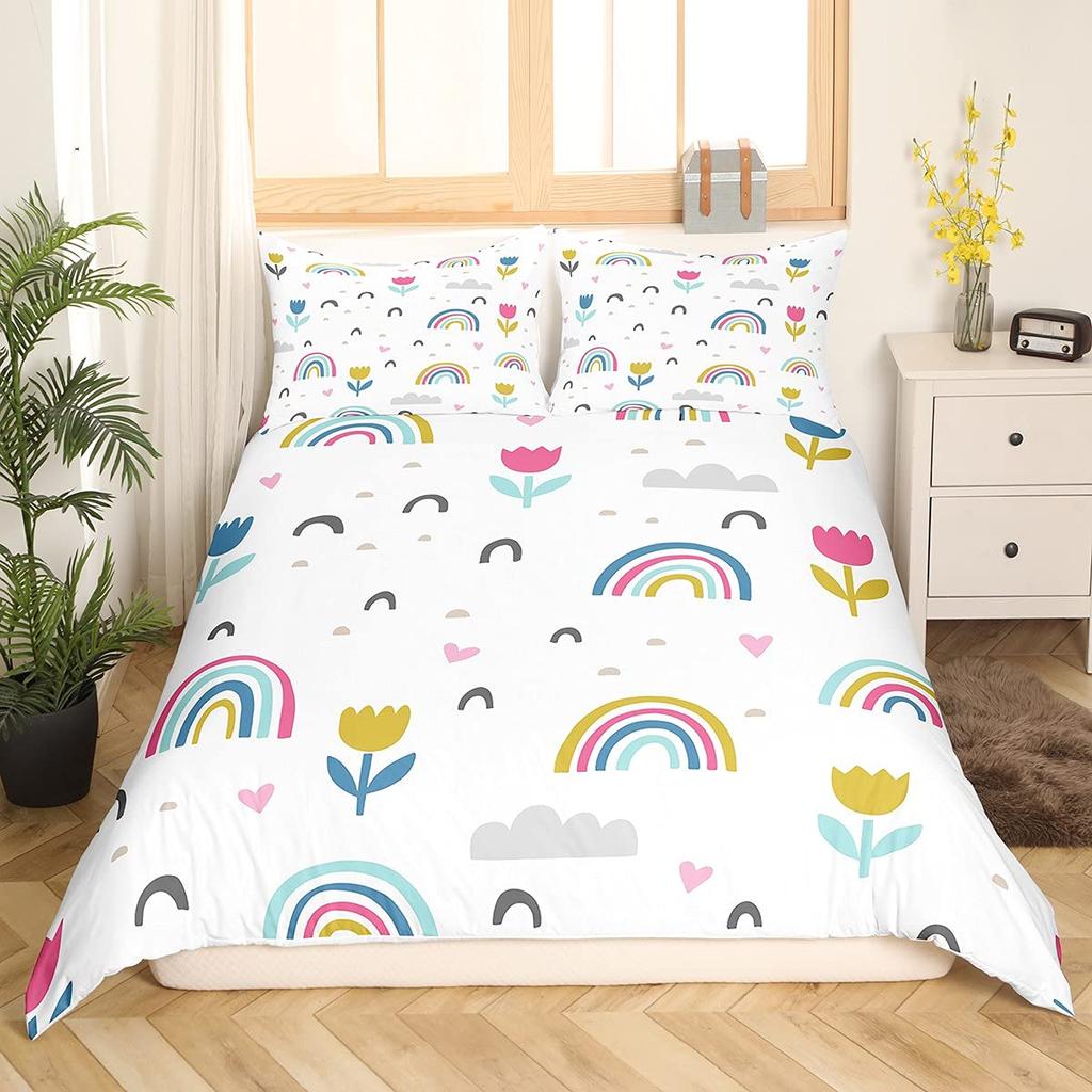 Cartoon Rainbow King Queen Duvet Cover Kids Girls Colorful Clouds Bedding Set Love Heart Comforter Cover Polyester Quilt Cover