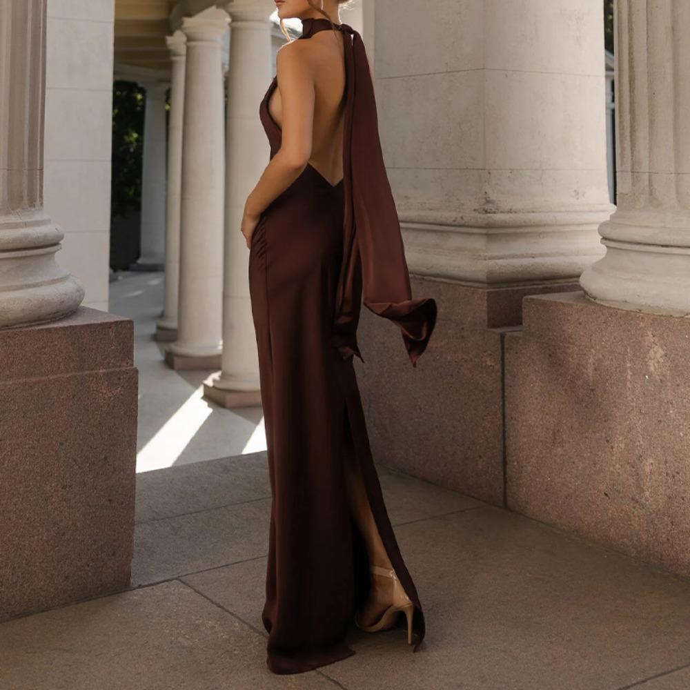 Women's Halter Sleeveless Maxi Dress Slim Fit High Waist Backless Solid Satin Elegant Bodycon Evening Gown
