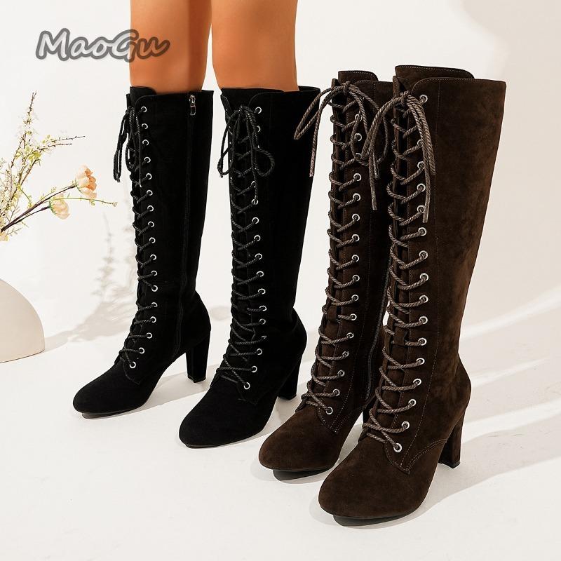 Fashion 2025 Autumn Winter Women's Knee-High Boots Side Zip Chunky High Heel Long Boots Vintage Suede Front Lace Up Botas Mujer Elegant