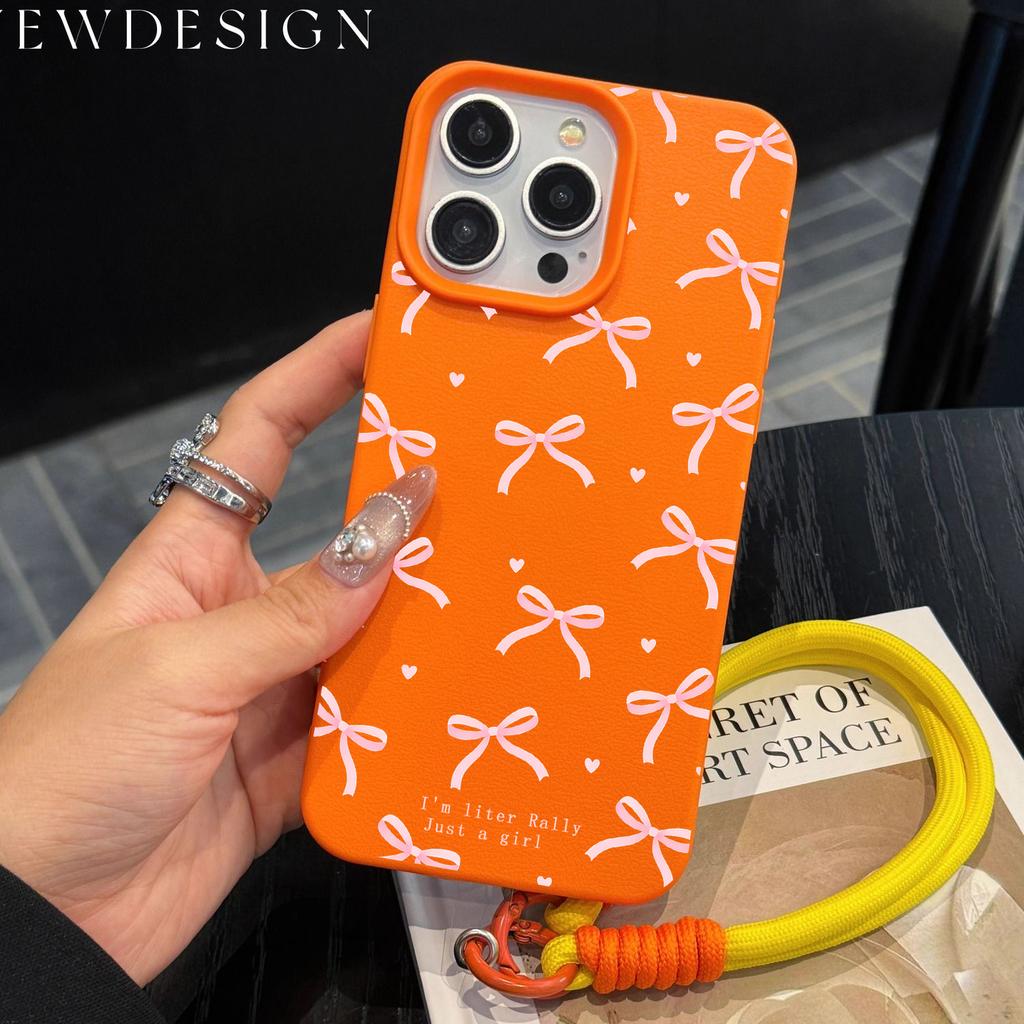 Luxury INS Pink Bow Soft Phone Chain Lanyard Case For iPhone 17 16 15 14 13 12 Pro Max 11 Plus Shockproof Lichee Pattern Covers