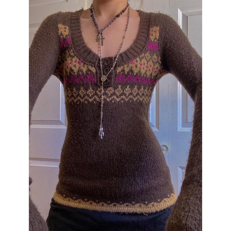 Women's Autumn and Winter Slim Bottoming Colour Blocking Round Neck Long Sleeve Knitting Temperament Sweater