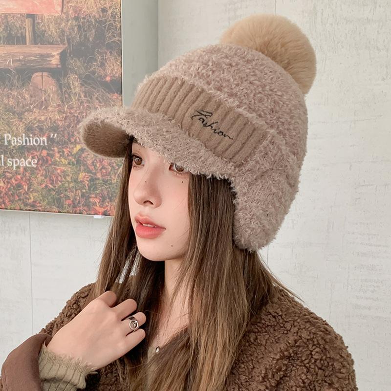 Hat Women's Winter Versatile Fashion Warm Knitted Wool Hat Cycling Windproof Cold-proof Fleece Ear Protector