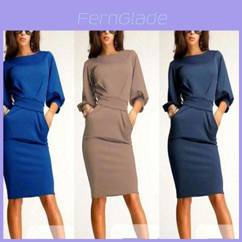 Elegant Women Fashion Sexy Fifth Sleeve Round Neck Pocket Bodycon Cocktail Dress