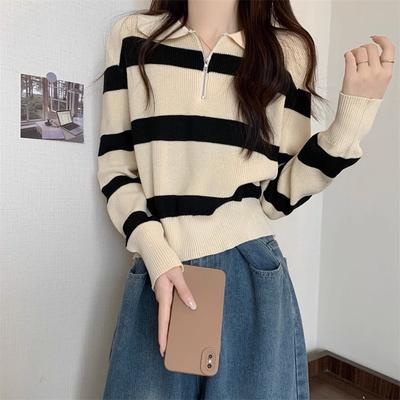 Bottom Shirt Autumn Winter Loose Polo Collar Striped Sweater New Design Zipper Short Top for Women