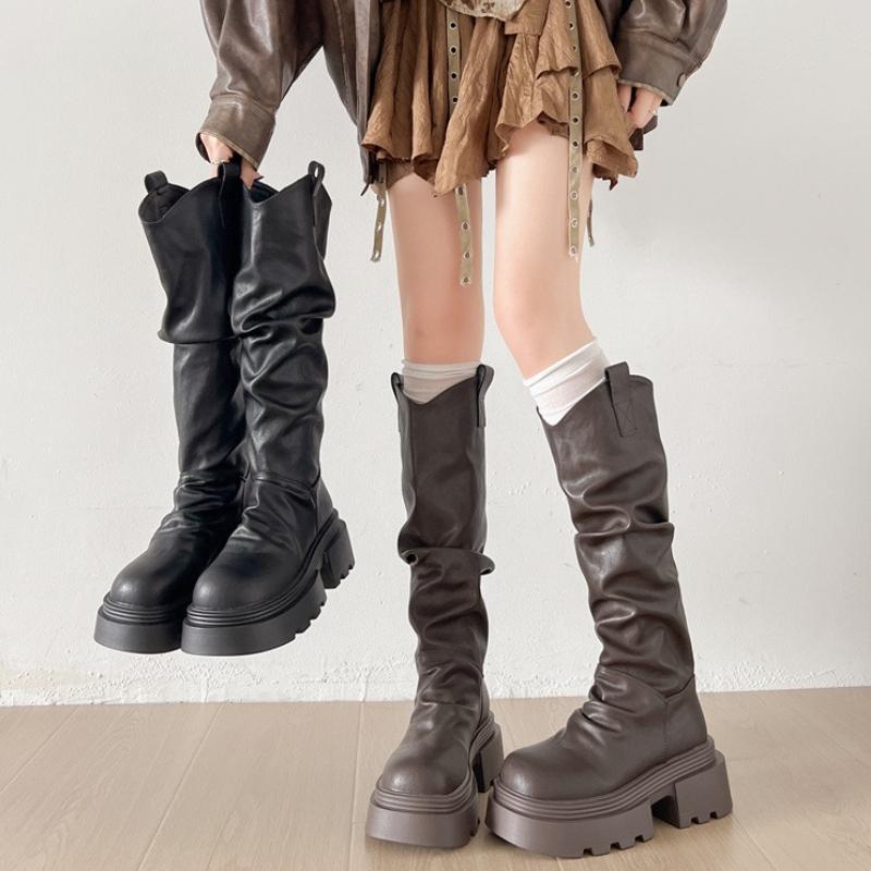 Vintage Schlupf Damen Kniehohe Stiefel Mode Plateau Höhenerhöhung Hohe Ritter Stiefeletten Winterschuhe Zapatos De Mujer