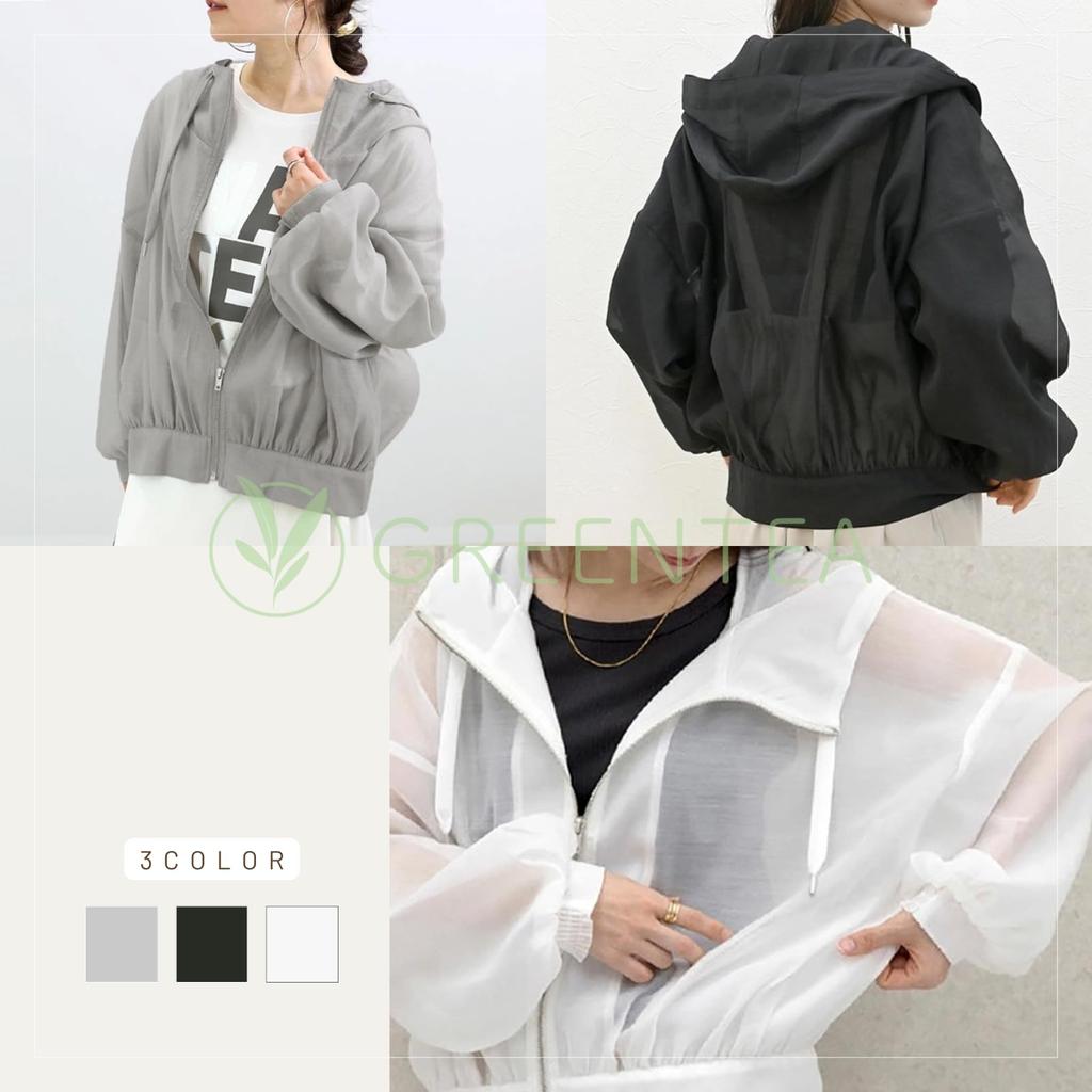 Green Tea Lightweight Hoodie with Sun Protection Women's Zip-Up (JP, Alphabet, L, Black)