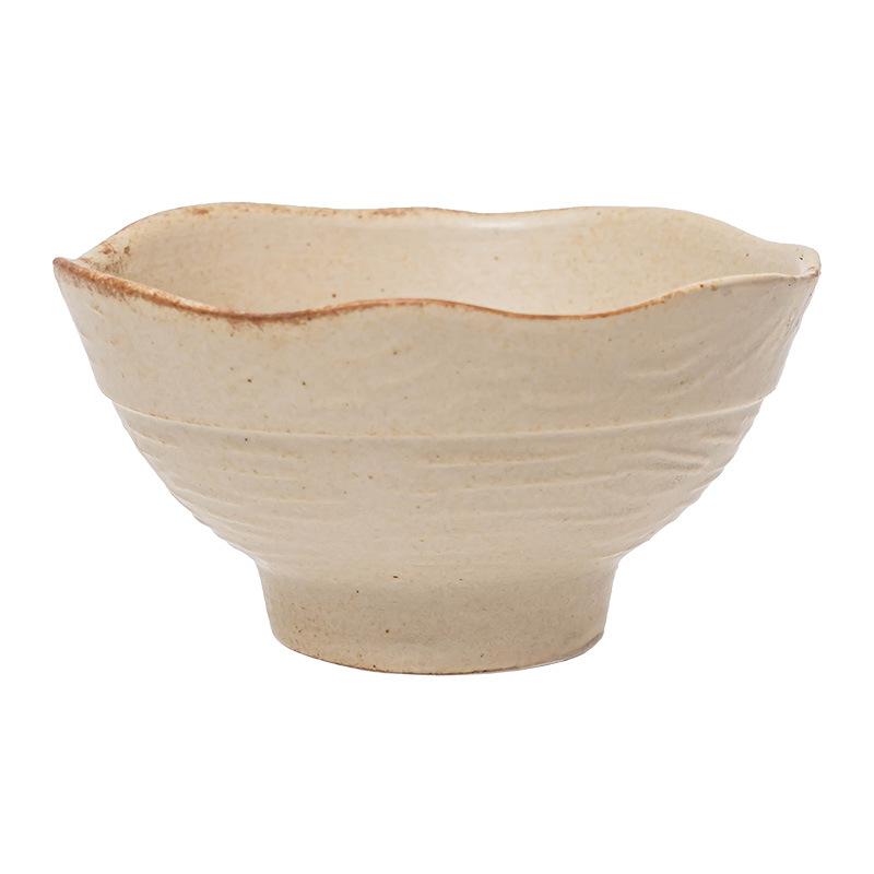 Coarse Pottery Petal Edge Ceramic Bowl Household Rice Bowl Retro Style Tableware Bowl Commercial Tall Bowl