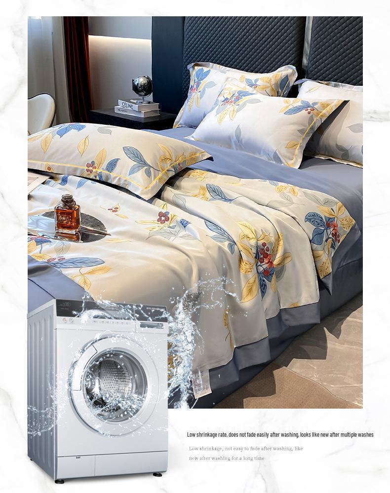 Printed Tencel Summer Quilt 4-Piece Set - Cooling Ice Silk for Naked Sleep, Smooth Gift Quilt