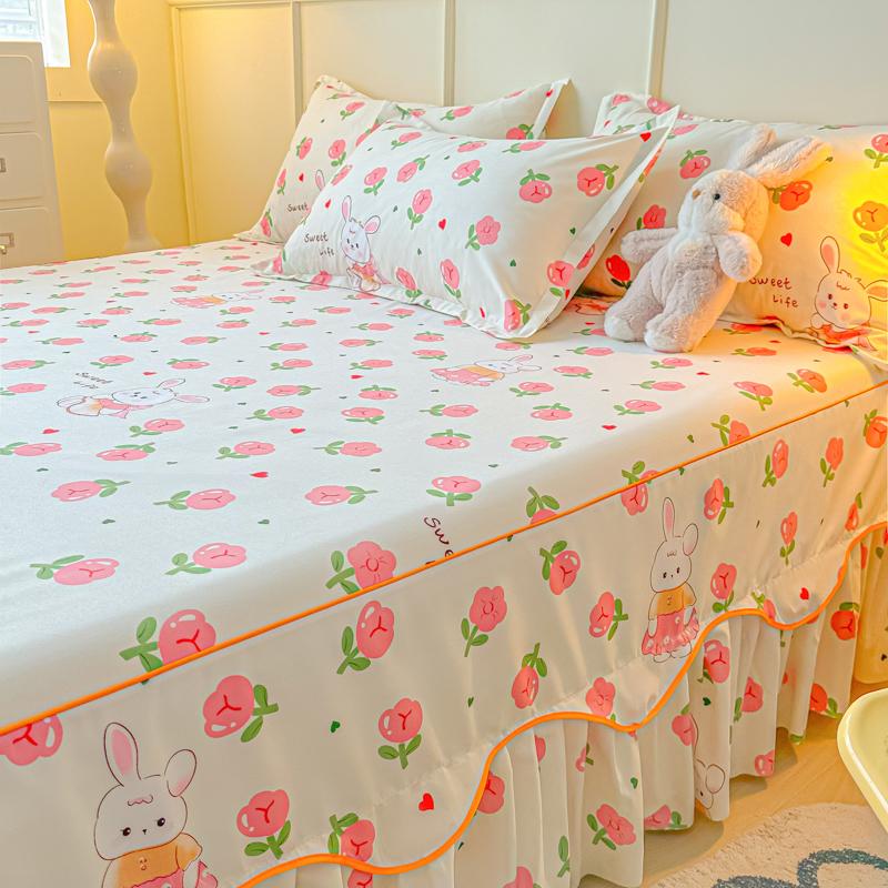 Printed Bed Skirt with Pillowcase Queen Size Bed Cover Set Ruffles Mattress Protector Home Bed Linen Soft Bedspread Jupe De Lit