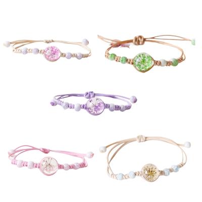 Handgeflochtenes Armband Keramik Glas Blumenperle und Verstellbares Wachskordel Handkette Handgelenk Accessoire für Damen