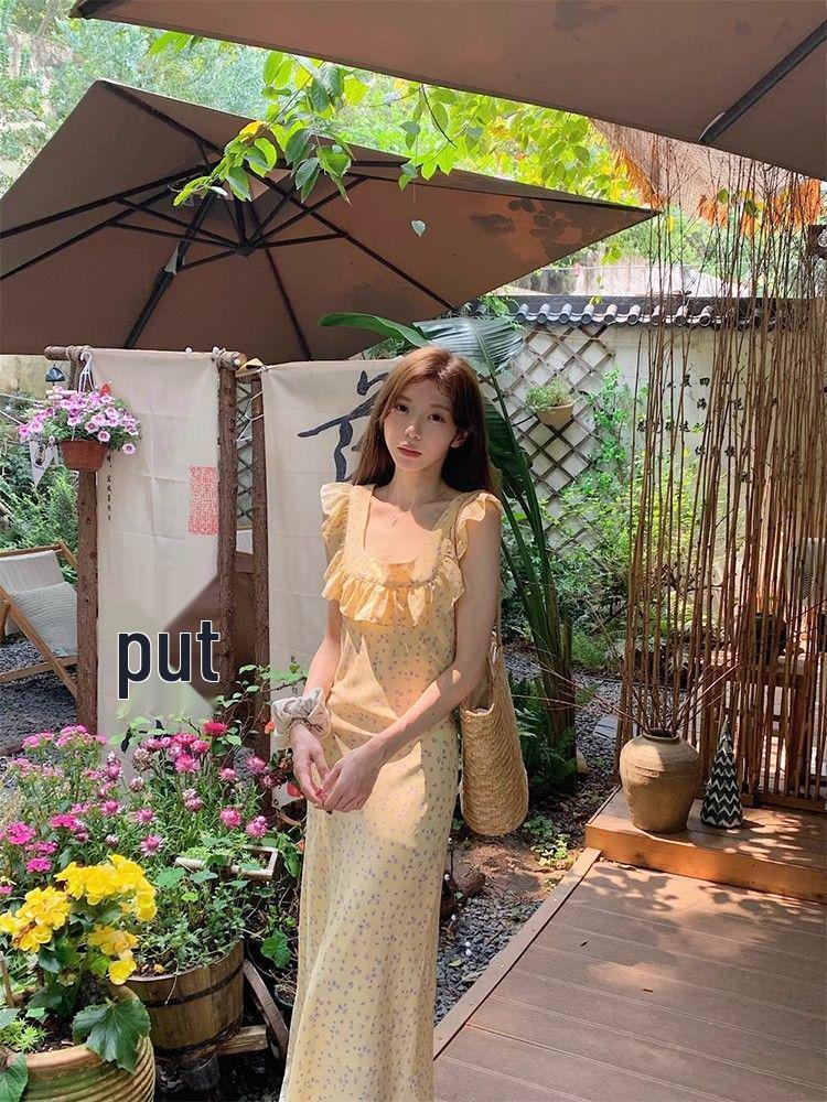 French Girl Floral Ruffle Midi Dress - Sexy Slim Lace Spaghetti Strap Summer Vacation Dress