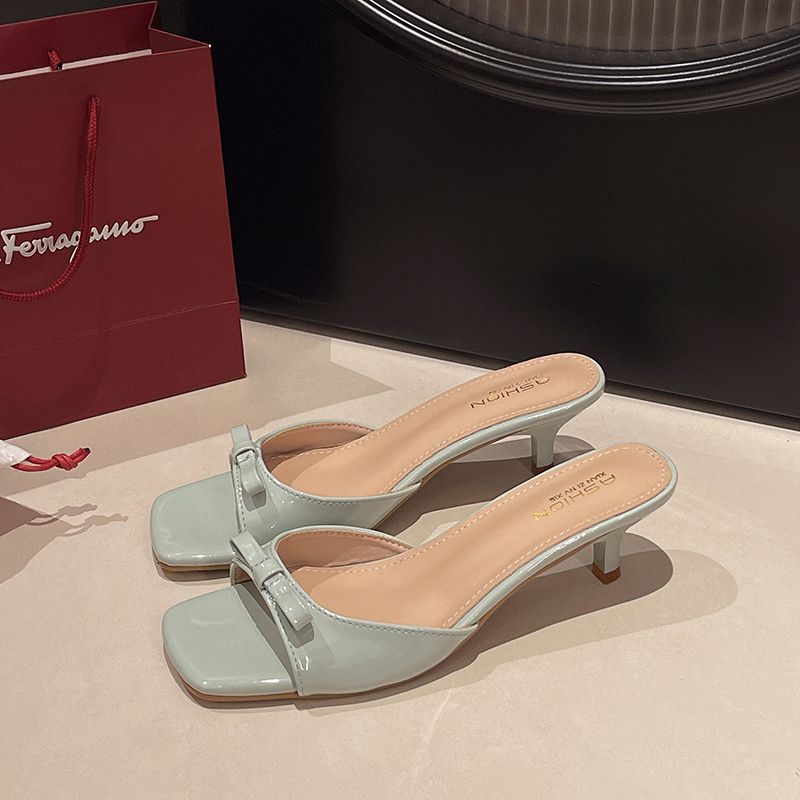 Elegant Slippers Women Shoes Woman Bow Knot Leather Solid Color Peep Toe Thin Heels Ladies Outdoor Shoes