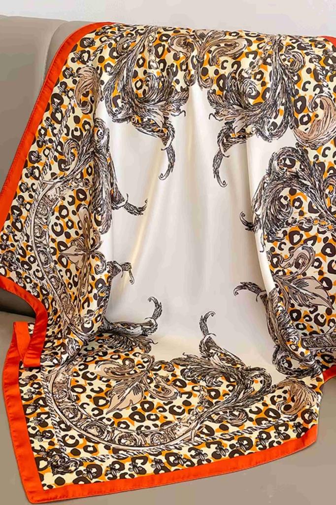Women' Satin Scarf 70x70 - Leopard and Baroque, Cream and Orange, Glamorous Style