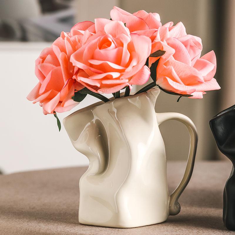 Creative Handle Cup Ceramic Vase Hydroponic Flowers Living Room Ornaments Art Folds Irregular Vases Crafts Home Decoration Gifts