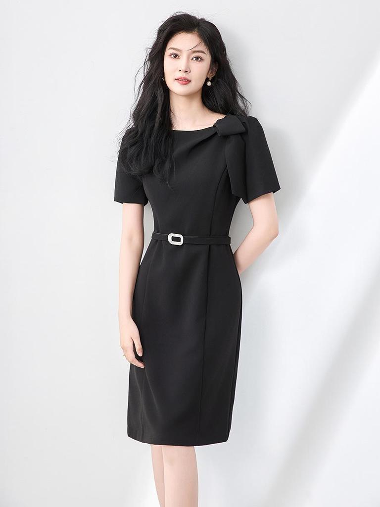 Quiet Luxury Bow Adorned Summer Dress - Elegant Waist-Hugging Style