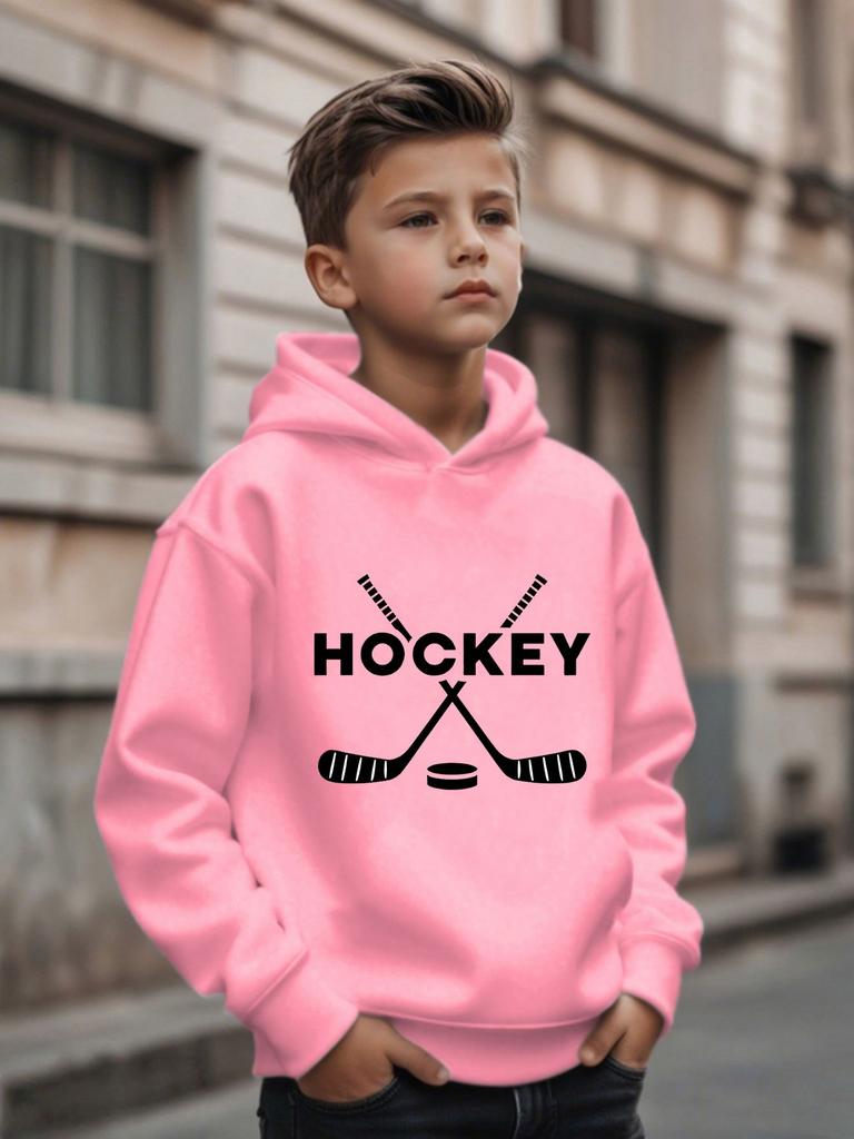 Children Hoodie Hockey Letter Crossed Sticks Puck Graphic Print Long Sleeve Pullover Sweatshirt Casual Kids Sport Tops For Autumn Daily Outdoor Wear
