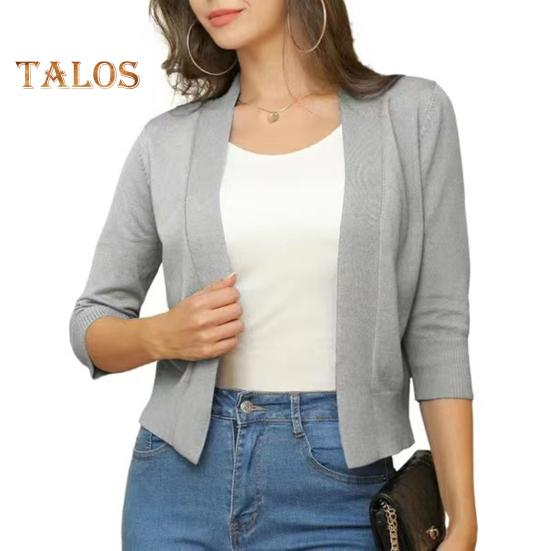 Women Knitting Cardigan Collarless 3/4 Sleeve Short Knitting Jacket Solid Color Open Stitching Knitted Outerwear