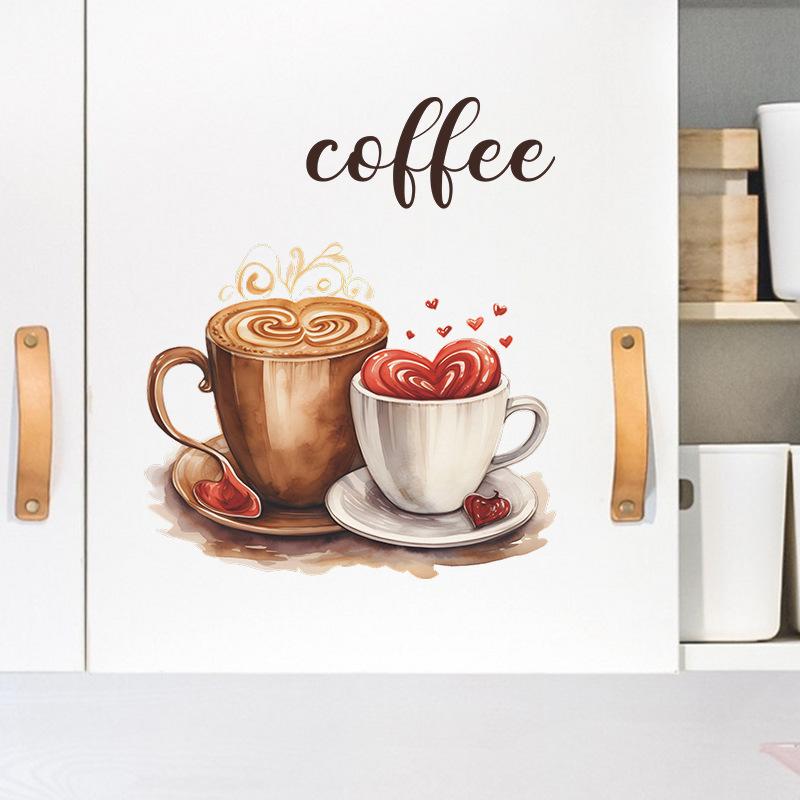 Creative Pair of Coffee Cups Wall Sticker Cafe Style Home Decoration Self-Adhesive Removable Wall Art
