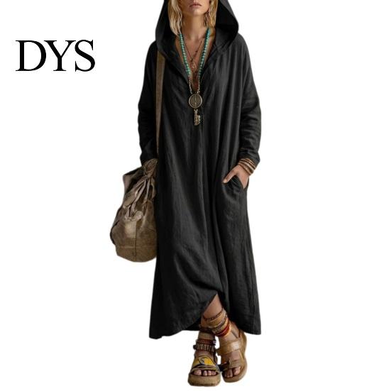 Damen Taschenkleider Langarm Kapuzenkleid, Lässiges Lockeres Boho Maxikleid in Unifarben für den frühen Herbst, V-Ausschnitt mit Taschen V-Ausschnitt