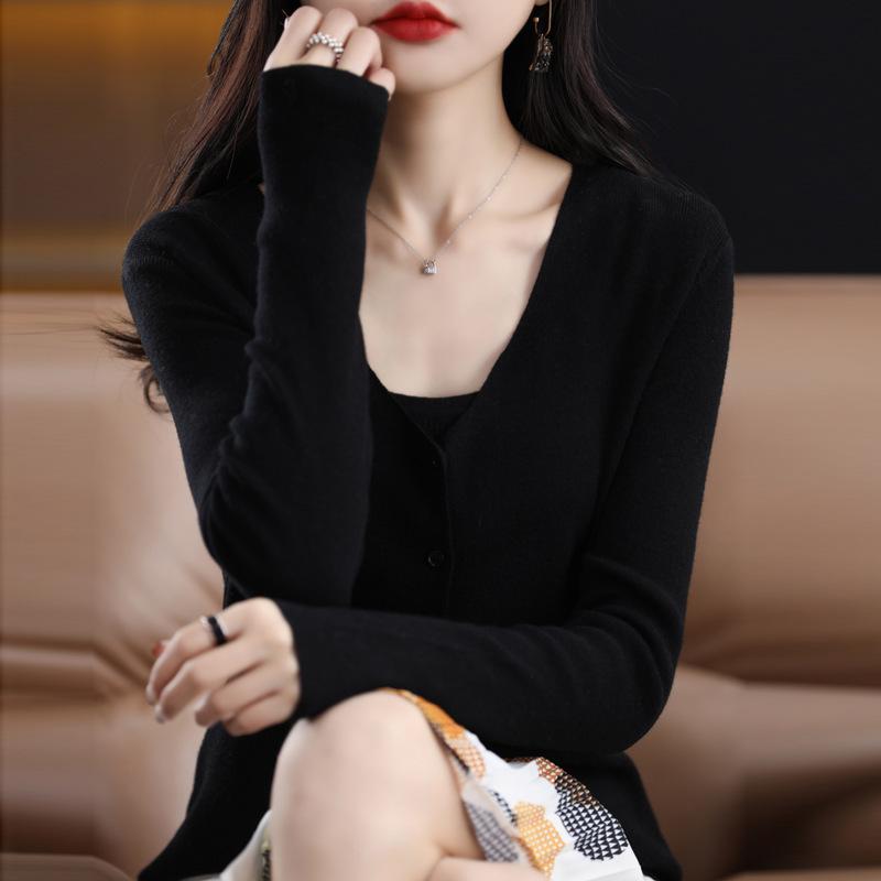 Women's 100% Pure Wool V-Neck Cardigan - Solid Color, Button-Up, Loose Fit Knitwear