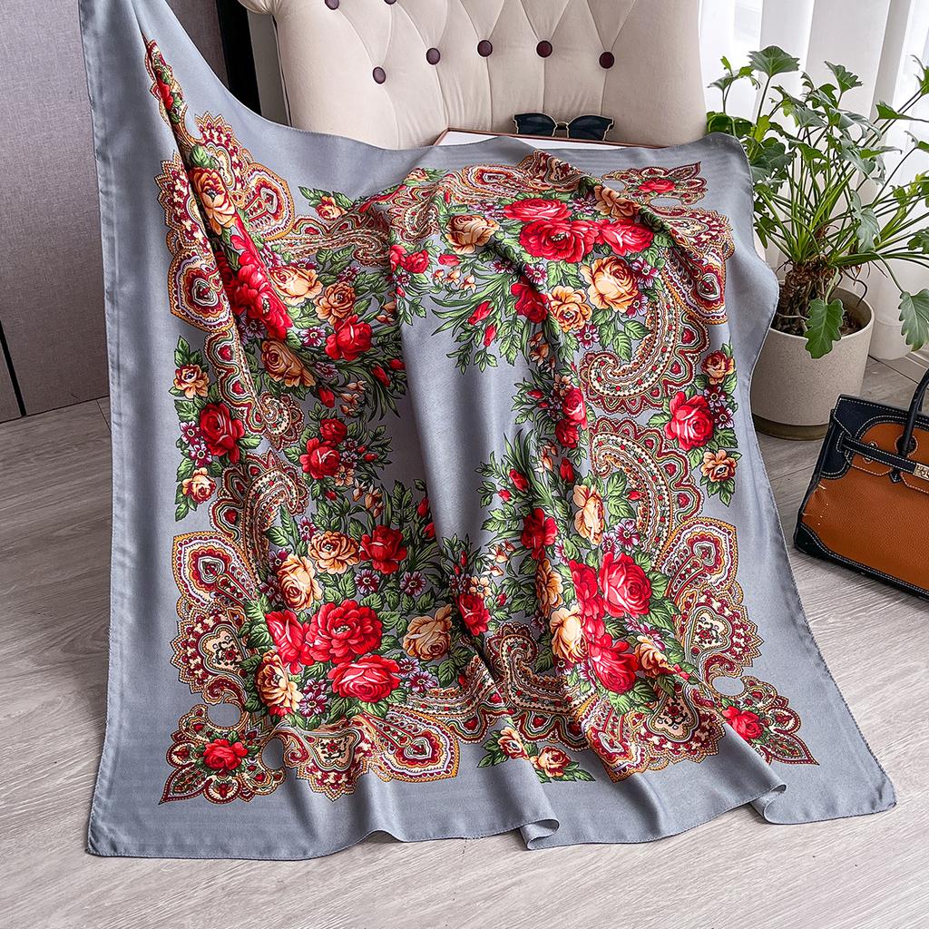 Women Russian Floral Scarf Ethnic Style Square Bandana Head Scarves Ladies Handkerchief Headband Silk Scarf Hair Wraps