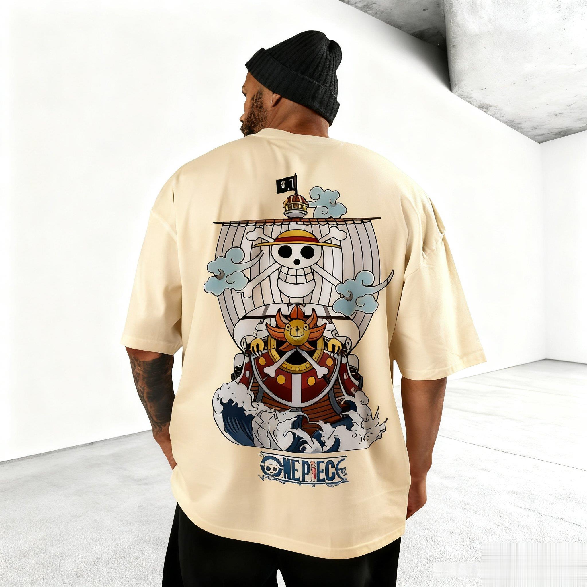 T-Shirt Herren Damen Baumwolle Kurzarm Lässiges Oberteil Sommer Manga Grafikdruck Locker Streetwear Cosplay Y2k Kleidung XL beige