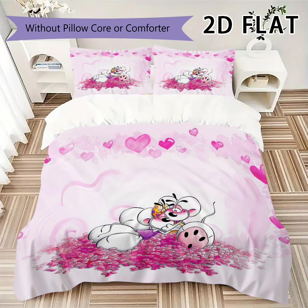 Diddl Pattern Bedding Uilt Set Uilt Cover Pillowcase Home Decoration Birthday Gift (1 * Duvet Cover + 2 * Pillowcase Without Core)